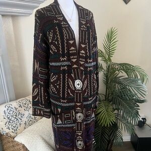 Vintage French Rags Long Cardigan Southwestern Aztec Print Sweater Duster Size 2